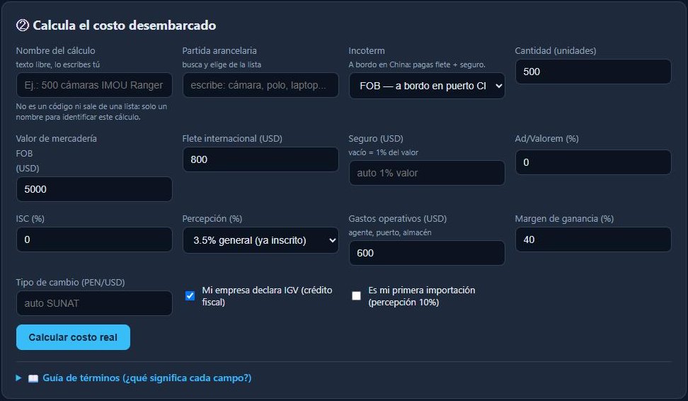 Calculadora de costo desembarcado: FOB, flete, seguro, ad valorem, percepción, gastos y margen
